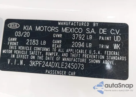2020 Kia Forte Lxs из США, поврежденный, VIN 3KPF24ADXLE245073